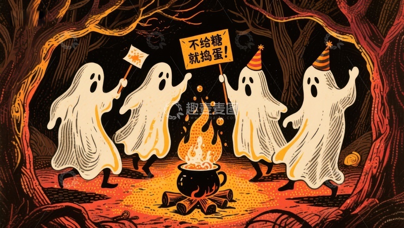 高清大图下载【趣麦麦图】万圣节幽灵篝火晚会