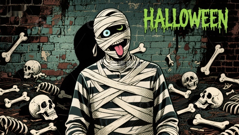 高清大图下载【趣麦麦图】万圣节木乃伊与骷髅背景图