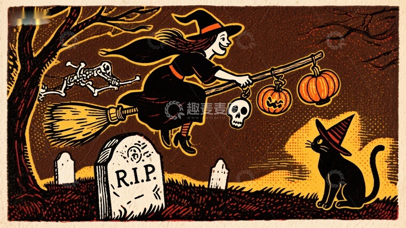 高清大图下载【趣麦麦图】万圣夜女巫骑扫帚