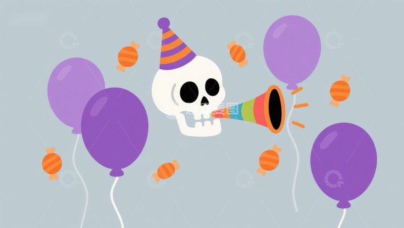 高清大图下载【趣麦麦图】骷髅头戴派对帽，紫色气球环绕