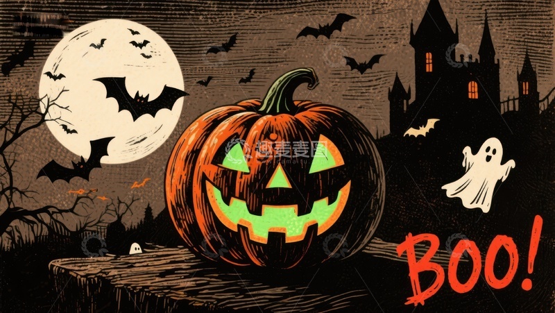 高清大图下载【趣麦麦图】万圣节南瓜灯与幽灵城堡夜景