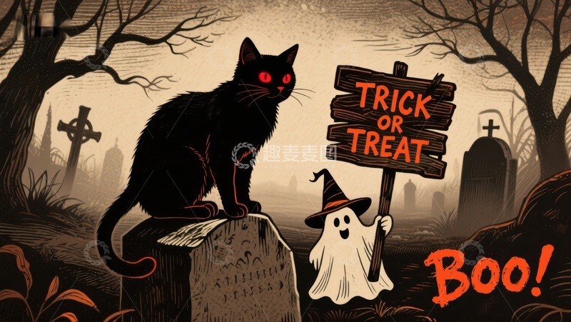 高清大图下载【趣麦麦图】万圣节场景：黑猫与幽灵的&lsquo;不给糖就捣蛋&rsquo;