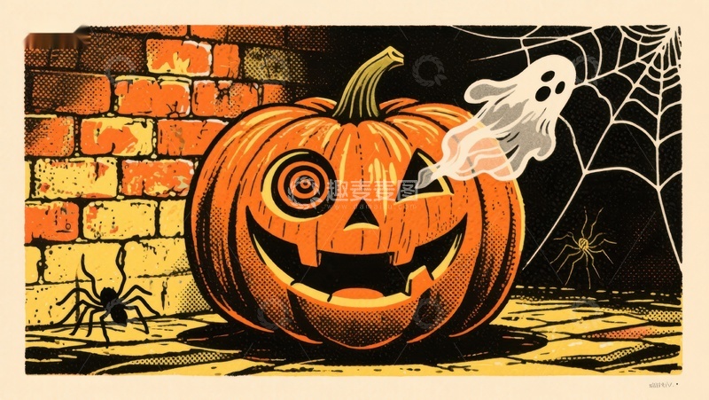 高清大图下载【趣麦麦图】南瓜灯与幽灵的万圣节场景