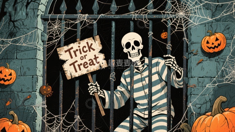 高清大图下载【趣麦麦图】万圣节骷髅手持&ldquo;不给糖就捣蛋&rdquo;牌子