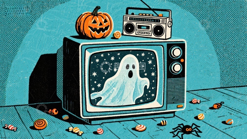 高清大图下载【趣麦麦图】复古电视播放幽灵，南瓜与糖果环绕