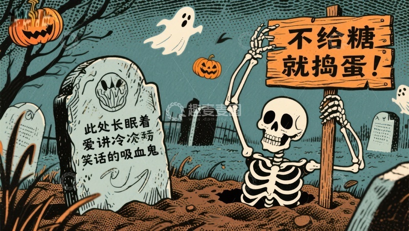 高清大图下载【趣麦麦图】-万圣节骷髅举牌，墓地幽灵南瓜灯