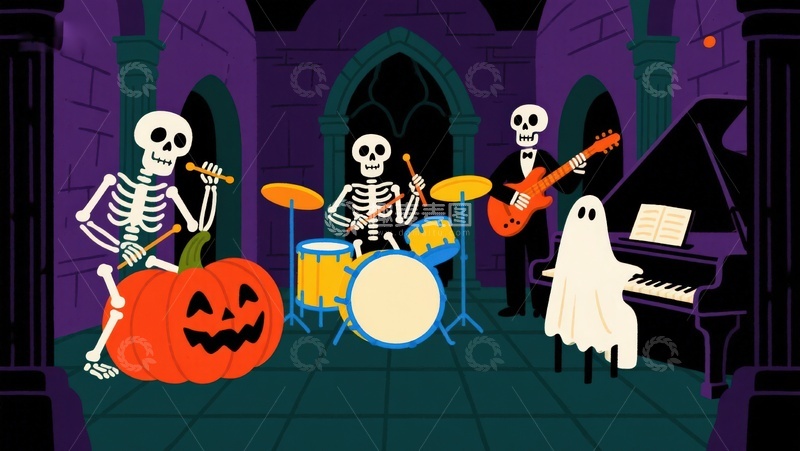 高清大图下载【趣麦麦图】骷髅乐队与幽灵钢琴演奏