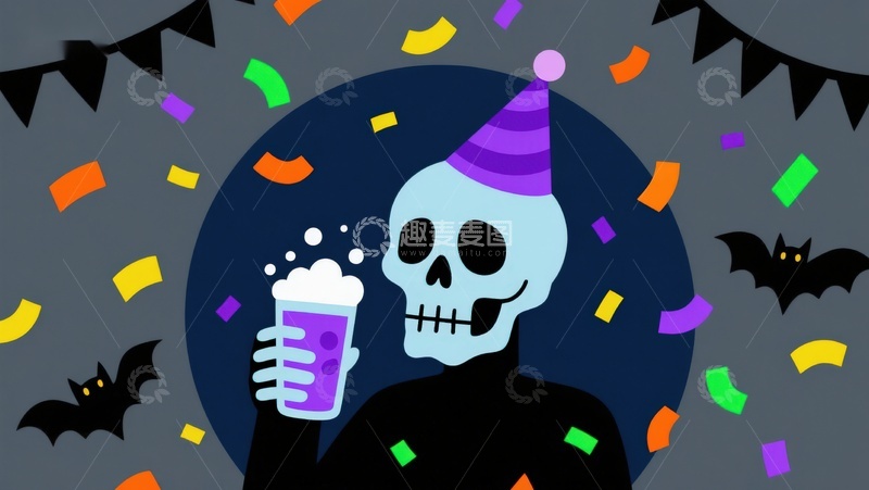 高清大图下载【趣麦麦图】骷髅庆祝派对，手持饮品