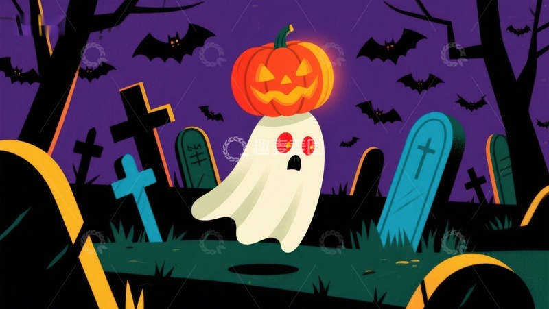 高清大图下载【趣麦麦图】万圣节幽灵戴着南瓜灯在墓地