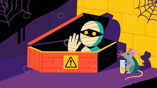 木乃伊从棺材中探出，老鼠旁观