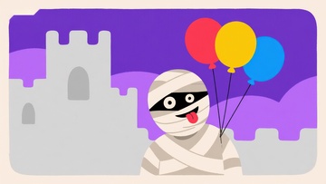 木乃伊手持气球，城堡背景