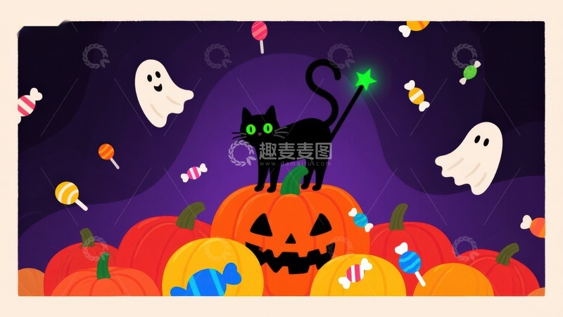 高清大图下载【趣麦麦图】万圣节夜景：黑猫与南瓜灯