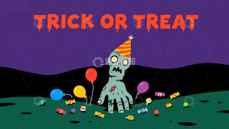 高清大图下载【趣麦麦图】万圣节僵尸手拿糖果和气球