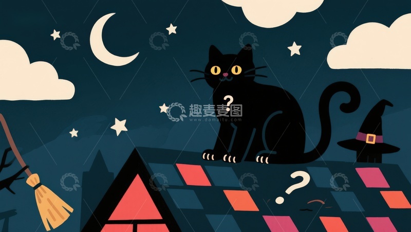 高清大图下载【趣麦麦图】夜空下的神秘黑猫