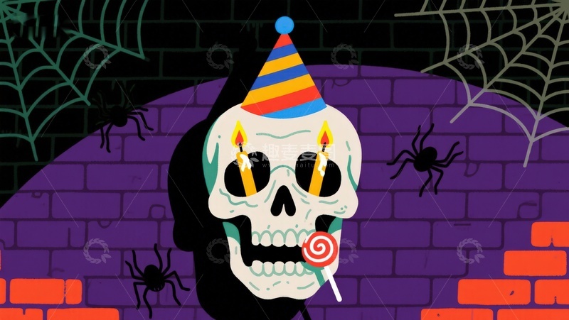 高清大图下载【趣麦麦图】骷髅头戴派对帽，手持糖果与蜡烛