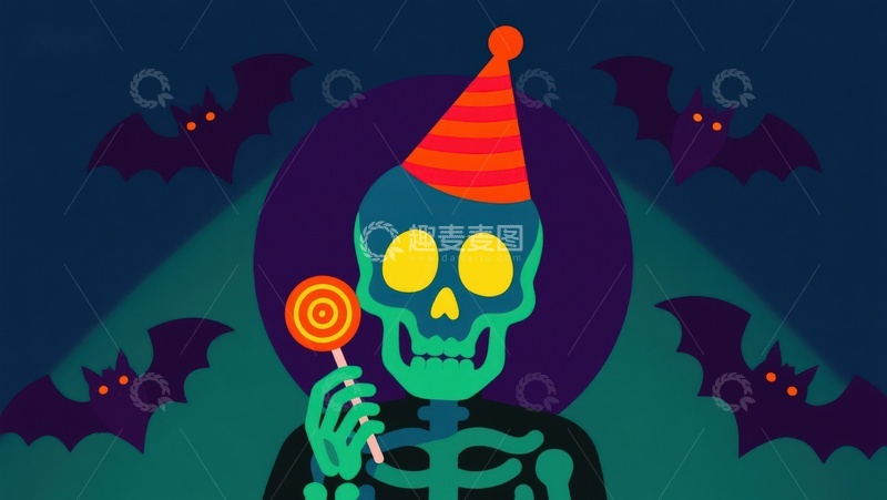 高清大图下载【趣麦麦图】骷髅戴派对帽手持糖果棒
