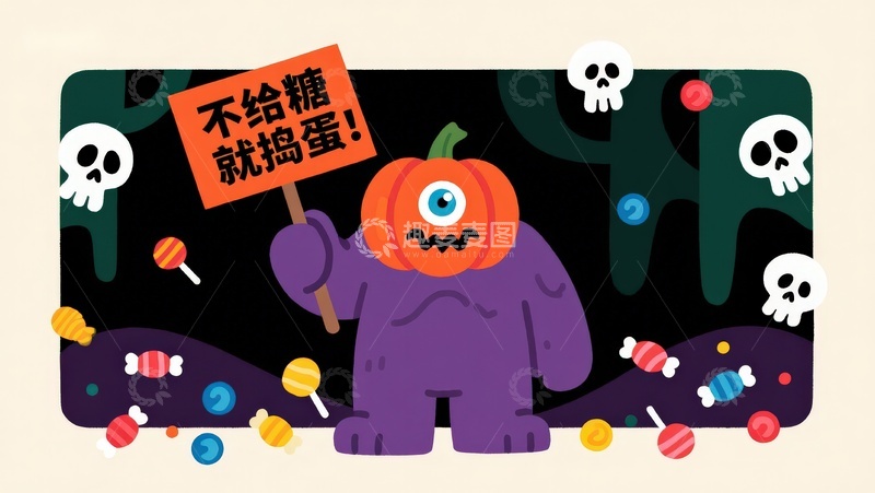 高清大图下载【趣麦麦图】万圣节南瓜怪手持标语，糖果散落四周
