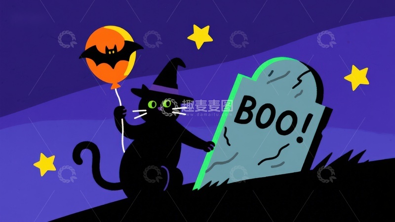 高清大图下载【趣麦麦图】万圣节黑猫手持气球与墓碑