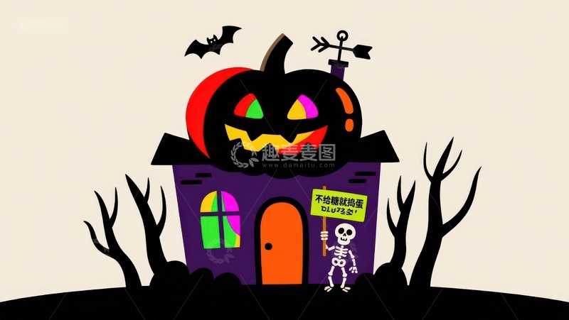 高清大图下载【趣麦麦图】万圣节南瓜屋与骷髅标志