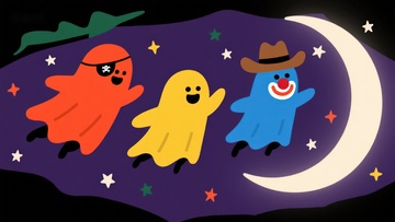 夜晚星空下的三个卡通角色