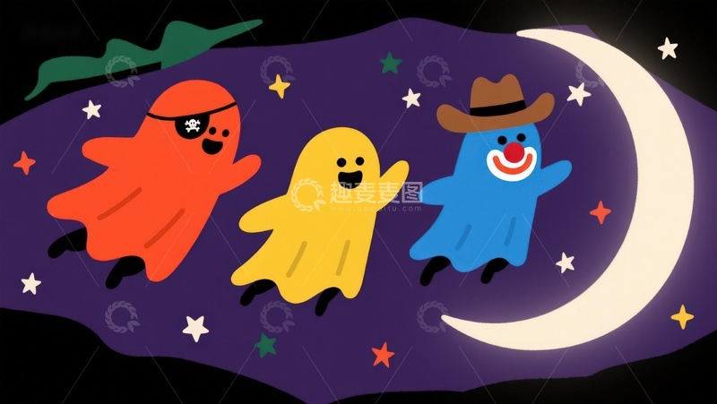 高清大图下载【趣麦麦图】夜晚星空下的三个卡通角色