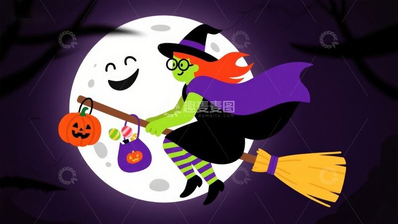 高清大图下载【趣麦麦图】万圣节女巫骑扫帚夜空飞翔