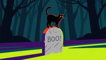 黑猫夜坐墓碑，幽森森林背景