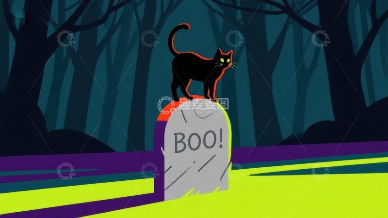 高清大图下载【趣麦麦图】黑猫夜坐墓碑，幽森森林背景