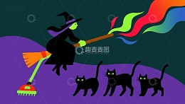 巫师骑帚飞行，三只黑猫相伴