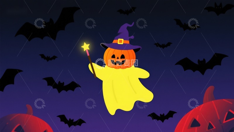 高清大图下载【趣麦麦图】万圣节南瓜幽灵与蝙蝠夜空
