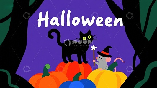 万圣节夜景：黑猫与南瓜