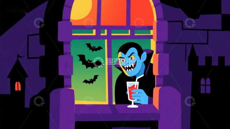 高清大图下载【趣麦麦图】吸血鬼窗边品饮料