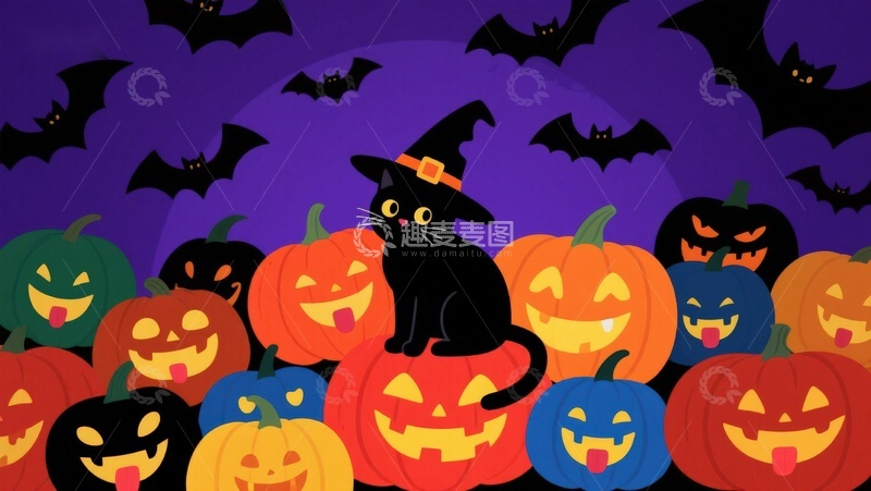 高清大图下载【趣麦麦图】万圣节南瓜灯与黑猫