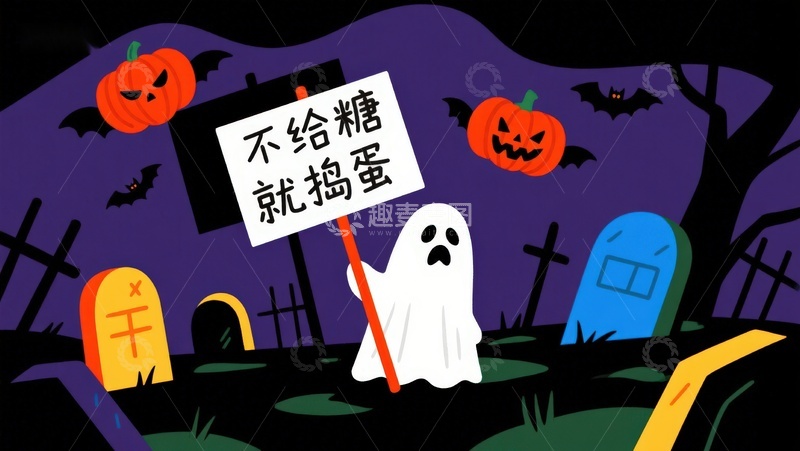 高清大图下载【趣麦麦图】万圣节幽灵举牌，不给糖就捣蛋