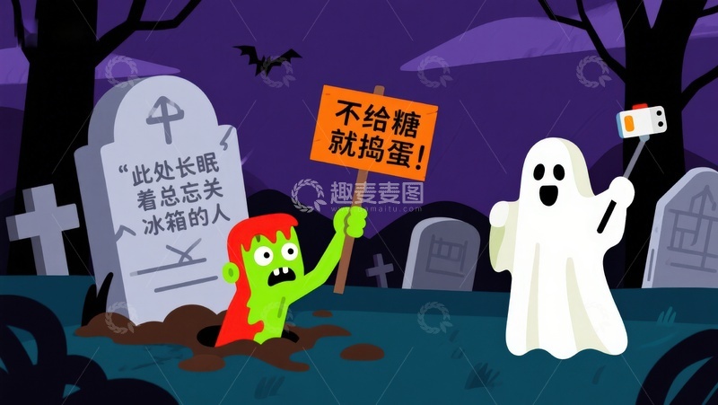 高清大图下载【趣麦麦图】万圣节墓地场景：小鬼与幽灵的搞笑互动