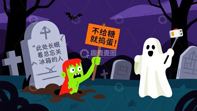 万圣节墓地场景：小鬼与幽灵的搞笑互动