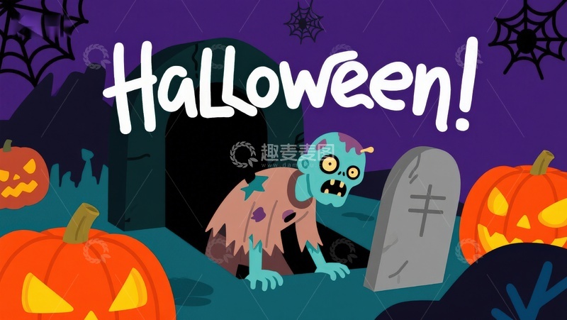 高清大图下载【趣麦麦图】万圣节僵尸与南瓜灯的夜景