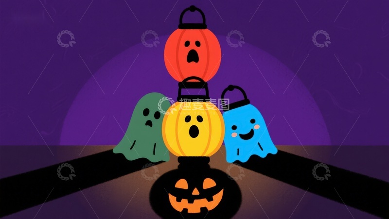 高清大图下载【趣麦麦图】万圣节南瓜灯与幽灵的欢乐场景