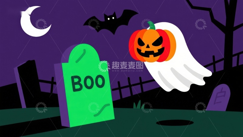 高清大图下载【趣麦麦图】万圣节夜景：南瓜幽灵与墓碑