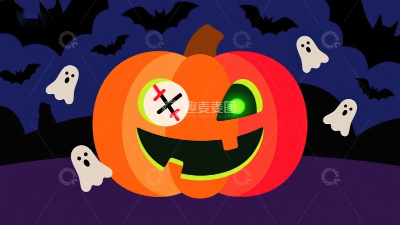 高清大图下载【趣麦麦图】万圣节南瓜灯与幽灵蝙蝠背景