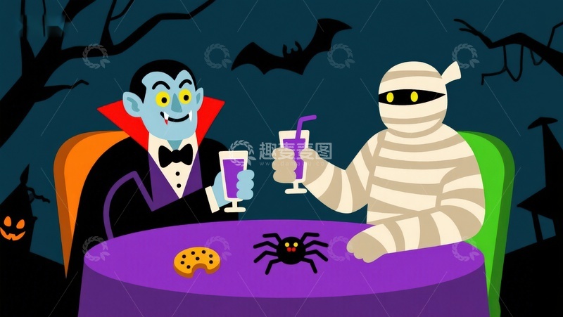 高清大图下载【趣麦麦图】万圣节派对：吸血鬼与木乃伊共饮