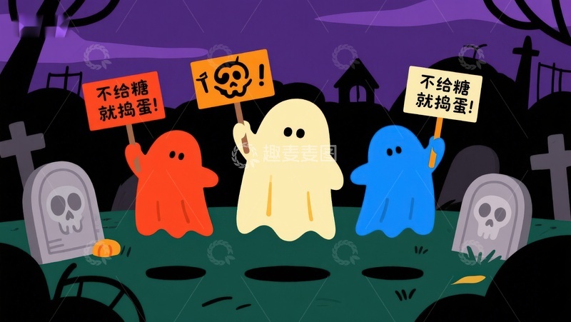 高清大图下载【趣麦麦图】-万圣节幽灵举牌抗议