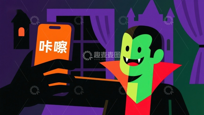 高清大图下载【趣麦麦图】吸血鬼手持手机，屏幕显示文字