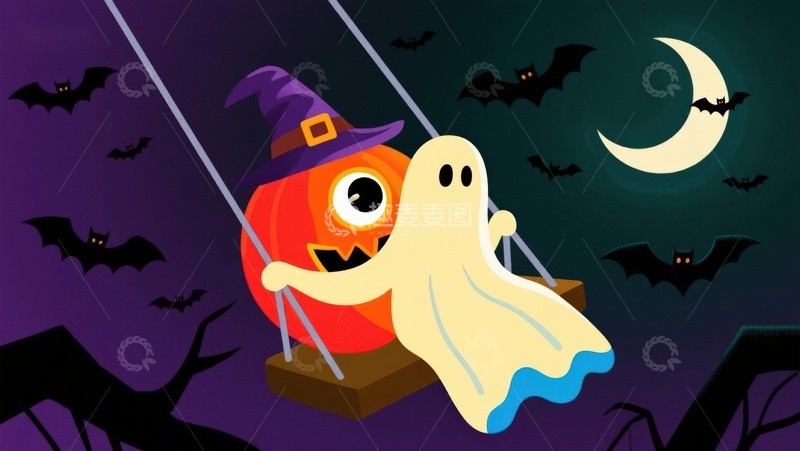 高清大图下载【趣麦麦图】万圣节南瓜与幽灵荡秋千