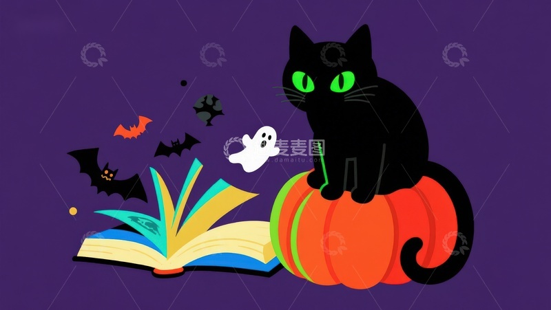 高清大图下载【趣麦麦图】万圣节黑猫与南瓜