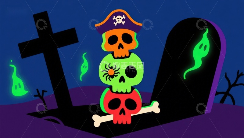 高清大图下载【趣麦麦图】万圣节骷髅堆叠在墓碑旁