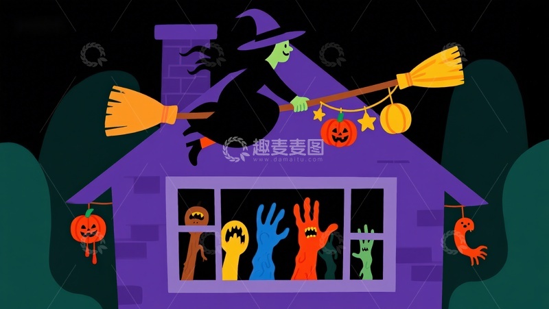 高清大图下载【趣麦麦图】万圣节夜景：女巫骑扫帚飞过鬼屋