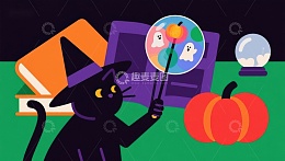 黑猫手持魔法棒，书本与南瓜环绕