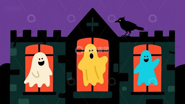 万圣节鬼屋：三只小鬼在窗前