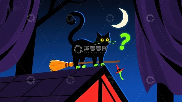 夜空下的黑猫与扫帚
